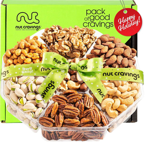 NUT CRAVINGS - Purim Mishloach Manot Mixed Nuts Gift Basket + Green Ribbon (7 Assortments, 1 LB) Ramadan Gifts Treats for Adults, Food Arrangement, Healthy Snack Care Package, Kosher