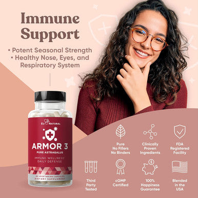 Eu Natural Armor 3 Astragalus Pure 1000 Mg Healthy Immune System Function Supports Stress Respiratory Support Potent Strength for Seasonal Protections Full-spectrum & Standardized 60 Count Soft Capsules