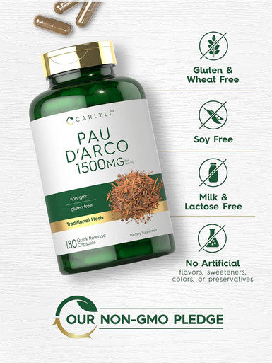 Carlyle PAU D'Arco Capsules | 1500mg | 180 Count | Non-GMO Gluten | Herbal Supplement