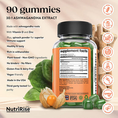 High Potency Ashwagandha Gummies - 30:1 Concentrated Root Extract Equivalent to 2250 mg: Natural Relaxation, Sleep & Immunity Support with Vitamin D, Zinc & Spinach Powder Superfood