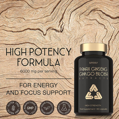 Korean Ginseng and Ginkgo Biloba Tablets 6000mg - Panax Ginseng Root Standardised 20% Ginsenosides 3000mg & Ginkgo 3000mg - High Strength 60 Capsules - Herbal Supplement for Men & Women - UK Made