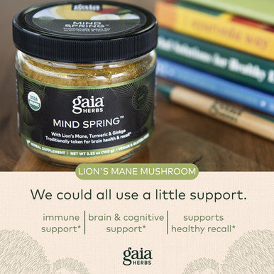 Gaia Herbs Mind Spring - Herbal Mushroom Supplement Powder to Help Maintain Brain Health and Recall-with Lions Mane, Turmeric Curcumin,and Ginkgo-USDA Certified Organic-3.53 Oz(Up to 45-Day Supply)
