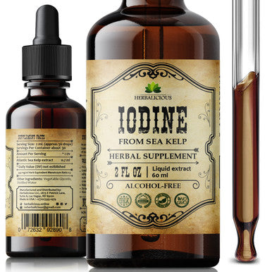 HERBALICIOUS Natural Iodine Extract - Sea Kelp - Drops For Thyroid Function Support, Digestion, Energy Boost - Liquid Dietary Supplement - Vegetarian-Friendly Formula - 2Oz Bottle