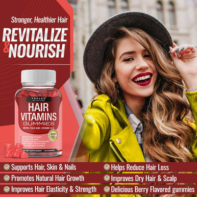 Hair Vitamins Gummies Supplement ÃƒÂ¢Ã¢â€šÂ¬Ã¢â‚¬Å“ Faster Hair Growth Gummy 5000Mcg Biotin, Folic Acid, Vitamin C & E, Support Stronger & Thicker Hair, Skin, Nails, Non-Gmo, For Men Women, 60 Berry Flavored Gummies