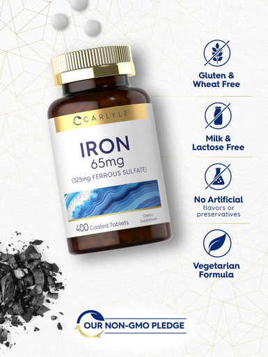 Iron Ferrous Sulfate 65 Mg | 400 Tablets | Non-Gmo, Gluten Free, And Vegetarian Supplement | High Potency | By Carlyle