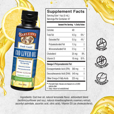 Barlean s Cod Liver Oil Omega 3 Fish Oil With 900Mg Lemonade 8 Oz