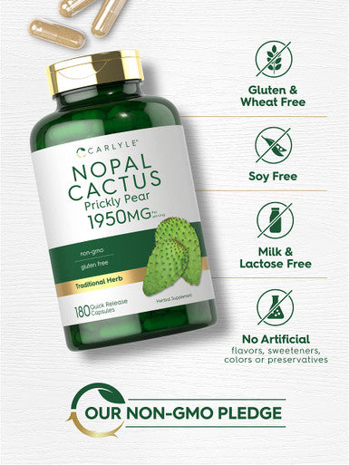 Nopal Cactus 1950 Mg | 180 Capsules | Prickly Pear | Non-Gmo, Gluten Free | By Carlyle