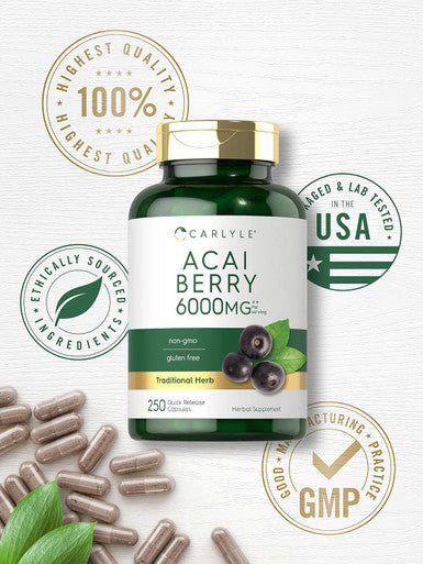 Carlyle Acai Berry Capsules 6000mg | 250 Count | Non-GMO & Gluten Acai Berry Extract