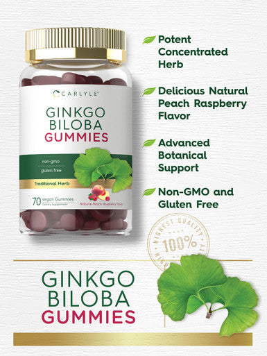 Carlyle Ginkgo Biloba 300Mg | 70 Gummies | 45:1 Leaf Extract | With Natural Peach Raspberry Flavor | Vegan, Non-Gmo, Gluten Free