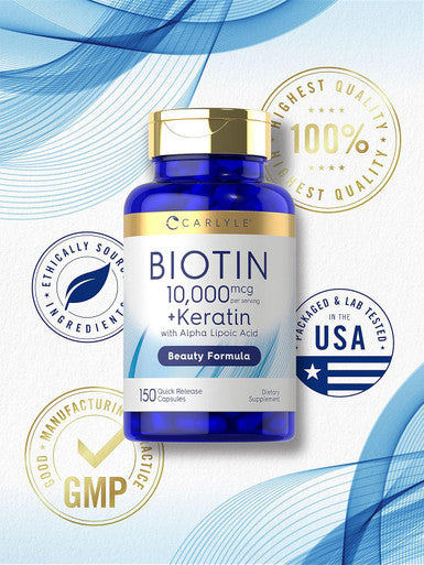 Carlyle Biotin 10000mcg | 150 Capsules | Beauty Formula with Keratin | Non-GMO Gluten Supplement