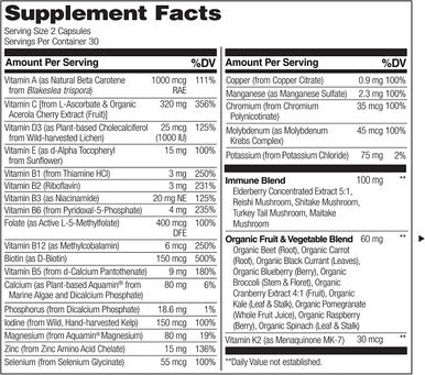NATURELO Whole Food Multivitamin + Immune Blend with Elderberry & Mushrooms - Complete Multivitamin with Extra Immune Support - C , D3 , Zinc , Elderberry , Reishi , Shitake - 60 Vegan Capsules