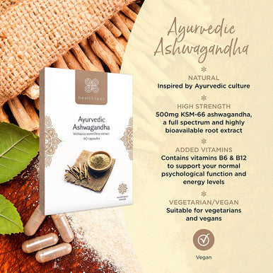 Healthspan Ashwagandha | 60 Capsules | Support Normal Psychological Function & Energy Levels | 500mg KSM-66 Ashwagandha | Added Vitamins B6 & B12 | Ayurvedic | Vegan