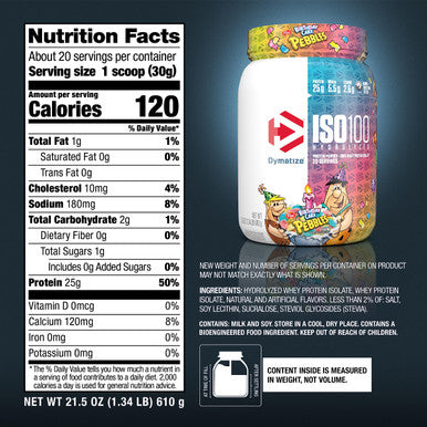 Dymatize x Birthday Cake Pebbles ISO100 Whey Protein Powder Isolate 25g of Protein 20 Servings 55g BCAAs 120 Cal. Gluten Free 1g Fat 1g Sugar 2g Carb
