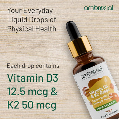 Ambrosial Ambrosial Vitamin D3 K2 Liquid Drops for Adults & Kids | Mango Flavor High Strength Vitamin D Liquid 500 IU & Vitamin K2 50 mcg PER DROP (Pack of 1-30 ml)
