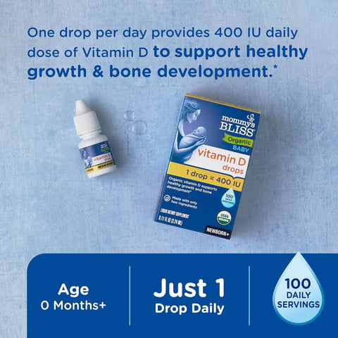 Mommys Bliss Organic Baby Vitamin D Drops Promotes Healthy Growth and Bone Development Age Newborn+ 0.11 Fl Oz (100 Servings) Pack of 2