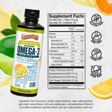 Barlean's Citrus Sorbet High Potency Omega 3 Fish Oil Liquid Supplement 1500Mg Of Epa and Dha Fatty Acid Smoothie Flavored and Burpless For Brain Joint and Heart Health 16 Oz