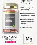 Magnesium Gummies | 200Mg | 60 Vegan Gummies | Vegan, Non-Gmo, And Gluten Free Formula | Natural Lemon Raspberry Flavor | By Carl