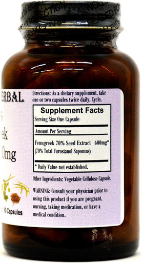 Barlowe's Herbal Elixirs Fenugreek Extract - 70% Furostanol Saponins - 60 600mg VegiCaps - Stearate Free, Bottled in Glass!
