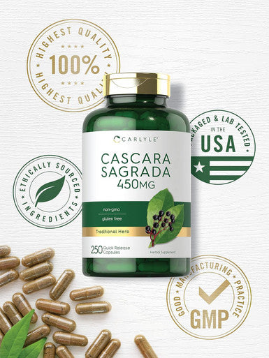 Carlyle Cascara Sagrada Capsules | 450 mg | 250 Count | Herbal Supplement | Non-GMO Gluten