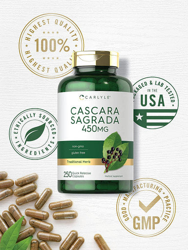 Carlyle Cascara Sagrada 450 mg | 250 Capsules | Herbal Supplement | Non-GMO, Gluten Free