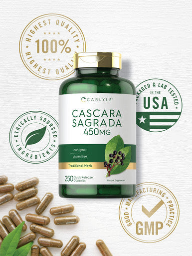 Cascara Sagrada Capsules | 450 Mg | 250 Count | Herbal Supplement | Non-Gmo, Gluten Free | By Carlyle