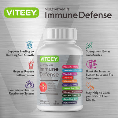 11 In 1 Multivitamin Immune Defense Supplement - Immune Booster Capsules With Vitamin D3, Vitamin B6, Echinacea, Turmeric, Rose-Hips, Selenium, Bioperine, Ginger, Elderberry Vitamin C And Zinc