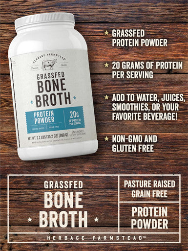 Carlyle Grass Fed Bone Broth Protein Powder | 35.2 oz (2.2lb) | Unflavored | 20g Protein | Pasture Raised Grain Supplement | Non-GMO & Gluten | by Herbage Farmstead