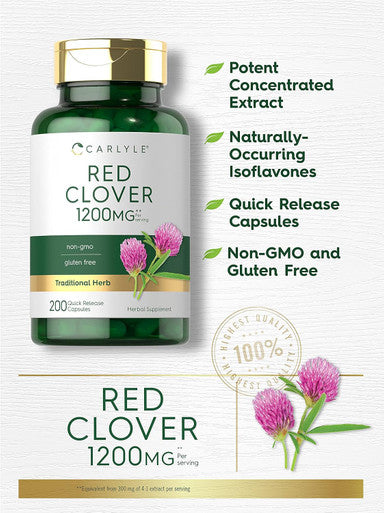 Carlyle Red Clover Capsules 1200mg | 200 Count | Trifolium Pratense | Non-GMO Gluten | Red Clover Blossom Extract Supplement