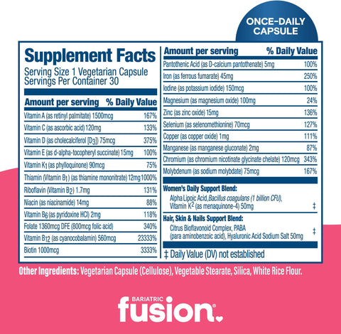 Bariatric Fusion Bariatric Multivitamin with Iron for Women Hair Skin and Nails Blend for Hair Loss After Bariatric Surgery and GLP1 30 Capsules 1 Month Supply