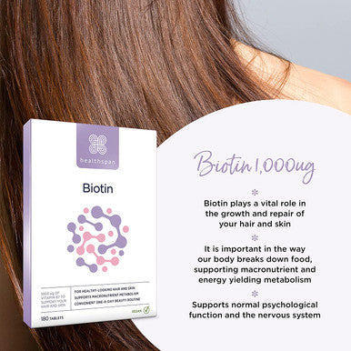 Healthspan Biotin 1,000g (6 Months Supply) | Vitamin B for Healthy Hair & Skin | Supports Macronutrient Metabolism | One-a-Day Tablets | Vegan
