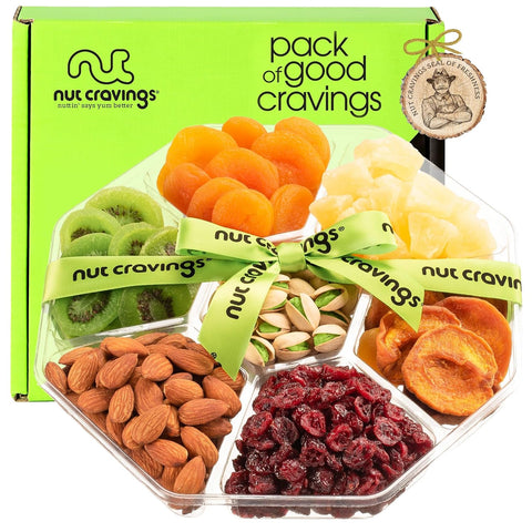 NUT CRAVINGS - Purim Mishloach Manot Mixed Nuts Gift Basket + Green Ribbon (7 Assortments, 1 LB) Ramadan Gifts Treats for Adults, Food Arrangement, Healthy Snack Care Package, Kosher
