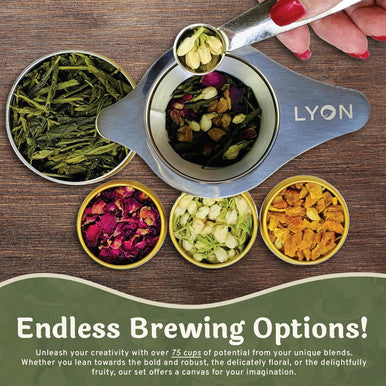 Lyon DIY Tea Blending Set-16 Tin Variety Pack-Premium Herbal Tea & Exotic Floral/Fruit Flavor Infusers - Create 75+ Cups w/Assorted Teas Oolong Chamomile Rose Peach & More