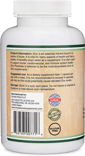 Zinc Picolinate 50mg 300 Capsules Immune Support for Kids and Adults NonGMO Gluten Manufactured in The USA 300 Day Supply by Double Wood Supplements