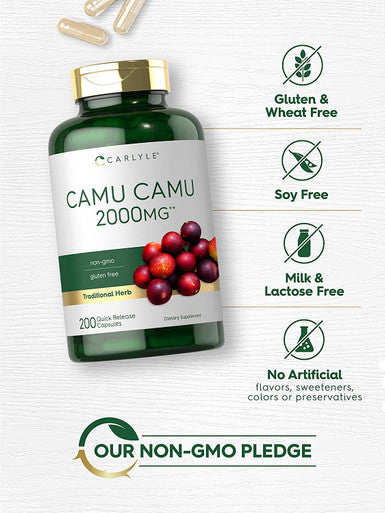 Carlyle Camu Camu Capsules 2000mg | 200 Count | with Vitamin C | Non-GMO, Gluten Free