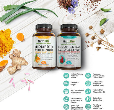 Colon 15 Day Cleanse Turmeric Ginger BioPerine Digestive Health Immune Support Bundle for Constipation Bloating Relief Metabolism Energy. Probiotics MCT Oil Psyllium Flaxseed
