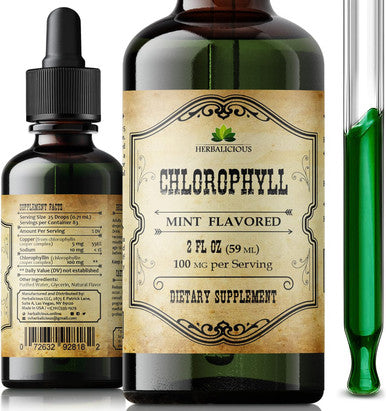 Herbalicious Liquid Chlorophyll Drops - Organic Sodium Copper Chlorophyllin Extract - Cleanse Support Immunity & Energy Boost Natural Deodorant & Detox Vegan Non-GMO Dietary Mint Flavor Green Tincture 2 fl Oz