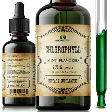 Herbalicious Liquid Chlorophyll Drops - Organic Sodium Copper Chlorophyllin Extract - Cleanse Support Immunity & Energy Boost Natural Deodorant & Detox Vegan Non-GMO Dietary Mint Flavor Green Tincture 2 fl Oz