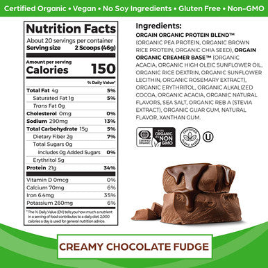 Orgain Organic Vegan Protein Powder Creamy Chocolate Fudge 21g of Plant Based Protein Low Net Carbs Non Dairy Gluten No Sugar Added Soy Kosher NonGMO 2.03 Lb Packaging May Vary