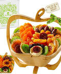 NUT CRAVINGS - Purim Mishloach Manot Dried Fruit & Mixed Nuts Gift Basket in Reusable Wooden Tray + Ribbon (12 Assortments) Ramadan Gifts Food Arrangement, Healthy Snack Care Package, Kosher