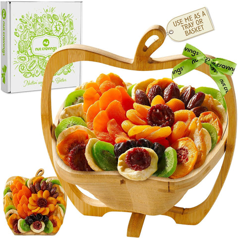 NUT CRAVINGS - Purim Mishloach Manot Dried Fruit & Mixed Nuts Gift Basket in Reusable Wooden Tray + Ribbon (12 Assortments) Ramadan Gifts Food Arrangement, Healthy Snack Care Package, Kosher