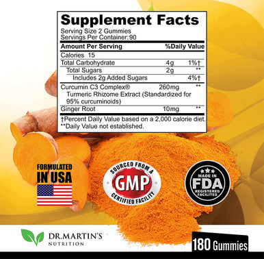 Turmeric Curcumin Gummies with Ginger 180 Count | For Comfort, Joint Support, Inflammatory Responses, Cardiovascular Health & Anti-Aging Supplement
