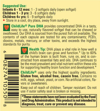 CHILDLIFE ESSENTIALS Pure DHA Dietary Supplement - DHA for Kids, Supports Healthy Brain Growth & Function, All-Natural, Gluten-Free, Kids DHA Supplement - Natural Strawberry Flavor, 90 Count (3 Pack)