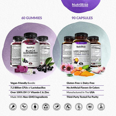Immune Support Black Elderberry Gummies Best Immune Maintenance Bundle GlutenFree NonGMO Natural Ingredients Contains Vitamins C B E Elderberry Zinc Turmeric Echinacea Probiotics