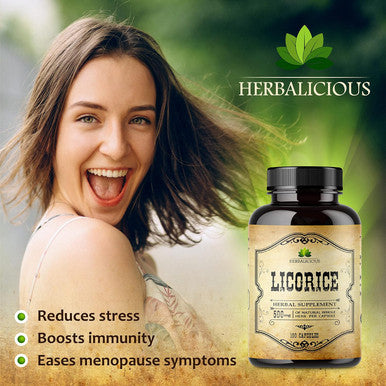 Herbalicious Licorice Root Extract - Glycyrrhiza Glabra - Organic Herbal Supplement for Digestion Restore Respiratory Health Fatigue & Immunity Support DGL Tablets Gluten - 100 Capsules
