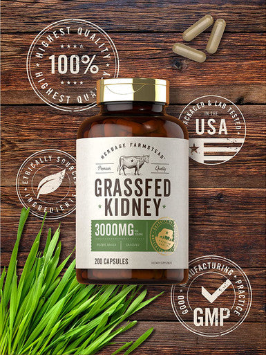 Grassfed Beef Kidney Capsules | 200 Count | 3000mg | Pasture Raised Desiccated Bovine Supplement | Hormone and Pesticide Free | Non-GMO, Gluten Free | by Herbage Farmstead