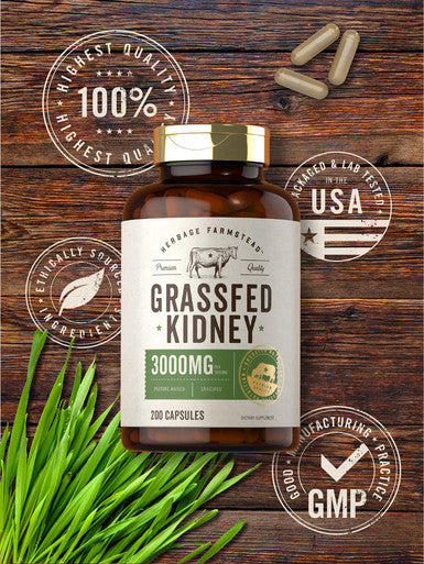 Grass Fed Beef Kidney Capsules | 200 Count | 3000Mg | Pasture Raised Desiccated Bovine Supplement | Hormone And Pesticide Free