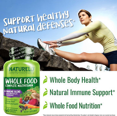 Naturelo Whole Food Multivitamin + Immune Blend With Elderberry & Mushrooms - Complete Multivitamin With Extra Immune Support - C, D3, Zinc, Elderberry, Reishi, Shitake - 60 Vegan Capsules