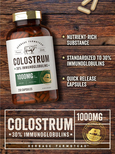 Colostrum Capsules | 1000Mg | 250 Count | 30% Igg | Non Gmo, Gluten Free Supplement | By Herbage Farmstead