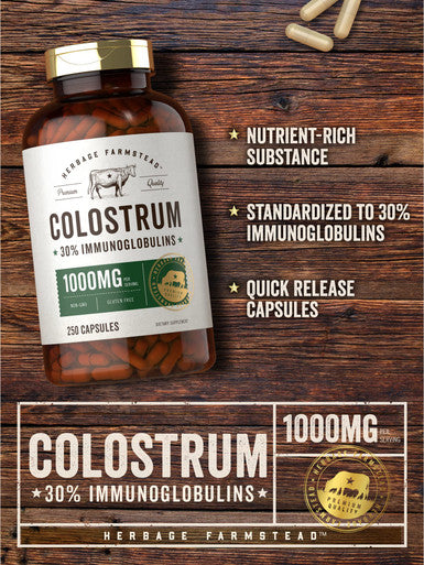 Colostrum Capsules | 1000Mg | 250 Count | 30% Igg | Non Gmo, Gluten Free Supplement | By Herbage Farmstead