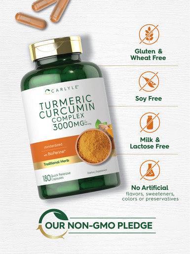 Carlyle Turmeric Curcumin With Black Pepper | 3000Mg 180 Capsules | Curcuminoids And Bioperine Supplement | Non-Gmo, Gluten Free